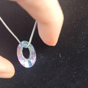 Iridescent Oval Pendant Necklace 925 sterling silver plated, 24" snake chain